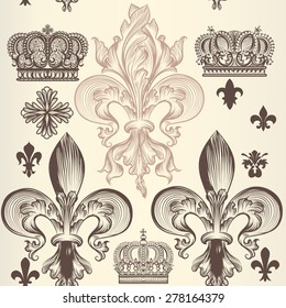 Heraldic Wallpaper Pattern With Fleur De Lis And Crowns