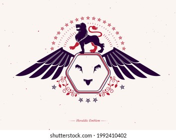 Heraldic winged emblem isolated vector illustration created using wild lion and pentagonal stars.