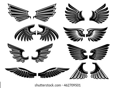 Heraldic wings of angel or bird black silhouettes of spread wings with tribal stylized plumage and pointed feathers. Heraldry theme or tattoo design