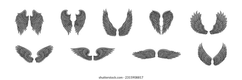 Heraldic Wings with Feathers Isolated on White Background Vector Set