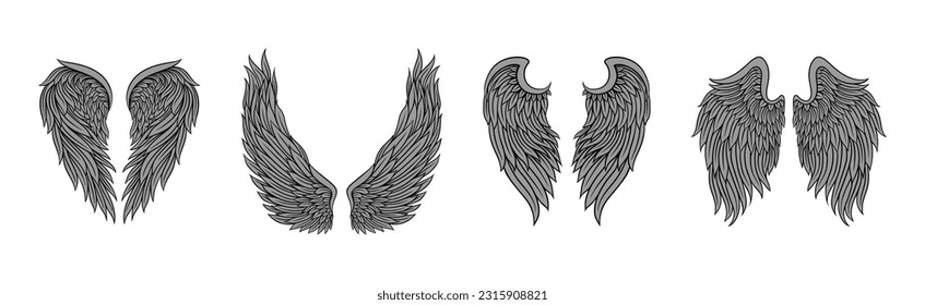 Heraldic Wings with Feathers Isolated on White Background Vector Set