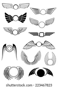 Heraldic wings set in various styles with wings open in flight, drooping wings and raised wings, some stylized others showing feather detail. For heraldry or emblem design