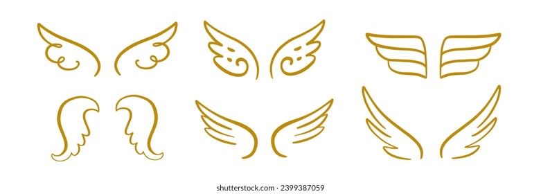 Heraldic wings shapes Set. Hand drawn doodle sketch icon vintage logo collection. Vector Illustration. Retro style modern artistic design elements.