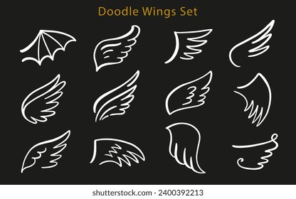 Heraldic wings shapes Set. Hand drawn doodle sketch icon vintage logo collection. Vector Illustration. Retro style modern artistic design elements.