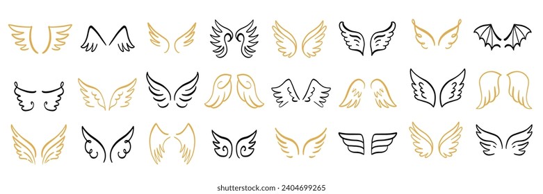 Heraldic wings shapes Set. Hand drawn doodle sketch icon vintage logo collection. Vector Illustration. Retro style modern artistic design elements.