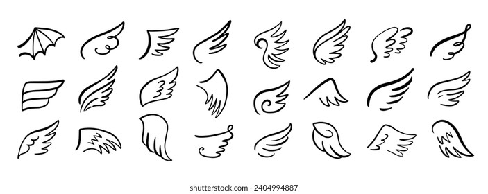 Heraldic wings shapes Set. Hand drawn doodle sketch icon vintage logo collection. Vector Illustration. Retro style modern artistic design elements.