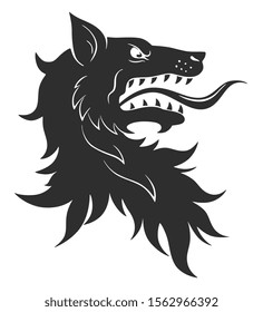 Heraldic wolf head with open mouth on the white background.