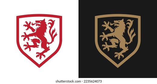 Heraldic wolf logo design. Vintage wolf shield icon. Medieval direwolf heraldry badge. Werewolf coat of arms emblem crest. Vector illustration.