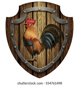 Heraldic wooden shield with a rooster on a blank background