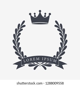 Heraldic Wreath Icon with Copy Space and Ribbon for Inscription. Honor or Quality or Reward Symbol. Vector Isolated Silhouette