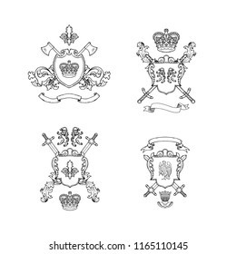 Heraldics chivalry arms. Vector hand drawn heraldics illustration. Shield armor and weapon sword sketch badge