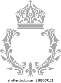 Heraldric frame with crown and ornate filigree. Decorative emblem