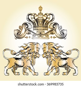 heraldry background for the logo, emblem, lion and shield cloth, crown decorative background decorative elements in vintage style for decoration layout, framing, for advertising, vector illustration