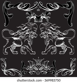 heraldry background for the logo, emblem, lion and shield cloth, crown decorative background decorative elements in vintage style for decoration layout, framing, for advertising, vector illustration