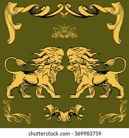 heraldry background for the logo, emblem, lion and shield cloth, crown decorative background decorative elements in vintage style for decoration layout, framing, for advertising, vector illustration