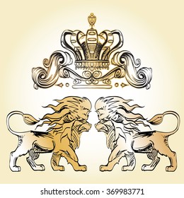 heraldry background for the logo, emblem, lion and shield cloth, crown decorative background decorative elements in vintage style for decoration layout, framing, for advertising, vector illustration