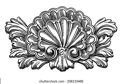 Heraldry Clam Shell Sketch Calligraphic Drawing Isolated On White Background, Retro Ornament Pattern In Antique Baroque Style, Vector Illustration