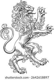 A heraldry coat of arms crest style rearing heraldic lion standing on hind legs in a vintage style