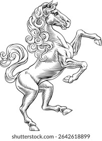 A heraldry coat of arms crest style rearing heraldic horse standing on hind legs in a vintage style