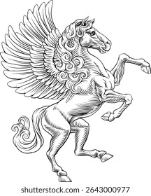A heraldry coat of arms crest style rearing heraldic Pegasus standing on hind legs in a vintage style