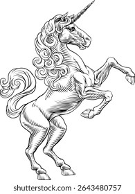 A heraldry coat of arms crest style rearing heraldic Unicorn standing on hind legs in a vintage style