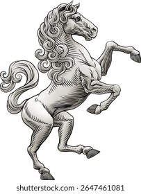 Um brasão heráldico de braços estilo crista cavalo heráldico de pé sobre patas traseiras em um estilo vintage
