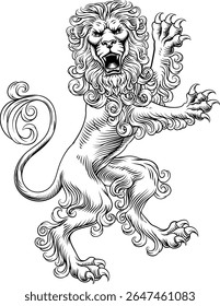 A heraldry coat of arms crest style rearing heraldic lion standing on hind legs in a vintage style