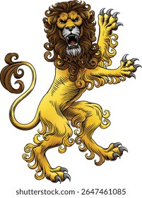 A heraldry coat of arms crest style rearing heraldic lion standing on hind legs in a vintage style
