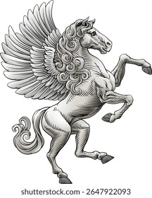 Um brasão heráldico de armas estilo crista criando heráldico Pégaso cavalo alado do mito grego de pé sobre patas traseiras em um estilo vintage 