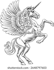 Um brasão heráldico de braços estilo crista de criação unicórnio heráldico Cavalo alado Pégaso de pé sobre patas traseiras em um estilo vintage