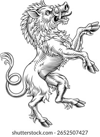 Um brasão heráldico de braços estilo crista criando javali heráldico de pé sobre patas traseiras em um estilo de xilogravura vintage