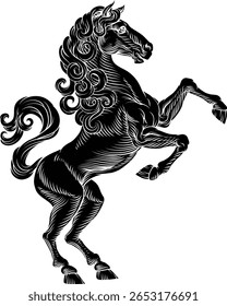 Um brasão heráldico de braços estilo crista cavalo heráldico de pé sobre patas traseiras em um estilo vintage