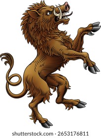 Um brasão heráldico de braços estilo crista criando javali heráldico de pé sobre patas traseiras em um estilo de xilogravura vintage