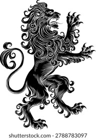 A heraldry coat of arms crest style rearing heraldic lion standing on hind legs in a vintage style