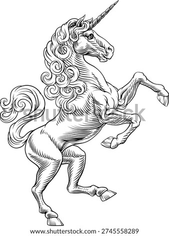 A heraldry coat of arms crest style rearing heraldic Unicorn standing on hind legs in a vintage style