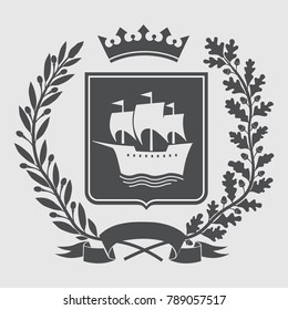 Heraldry, coat of arms. An olive branch, an oak branch, a crown,