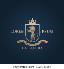 Heraldry Crest Abstract Vector Sign, Symbol or Logo Template. Golden Lion Sillhouette with Shield, Banner, Crown and Classy Retro Typography. Vintage Vector Emblem. Isolated.