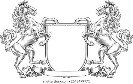 A heraldry crest horse family coat of arms heraldic shield emblem design in an old medieval vintage style 