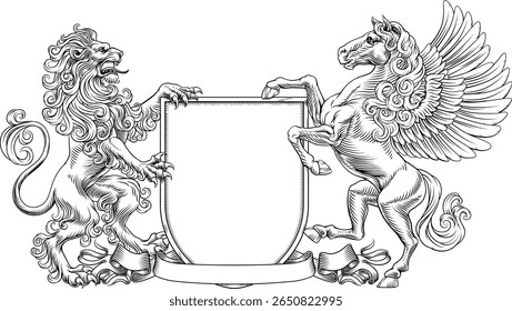 Um leão de crista heráldica e um brasão de armas da família de cavalos alados Pegasus escudo heráldico design emblema em um estilo antigo medieval vintage 