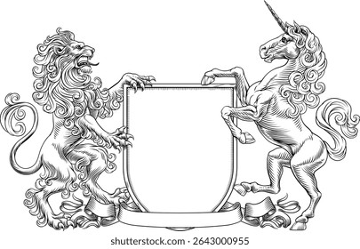 A heraldry crest lion and unicorn horse family coat of arms heraldic shield emblem design in an old medieval vintage style 