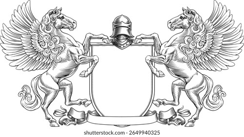 A heraldry crest Pegasus winged horse family coat of arms heraldic shield emblem design in an old medieval vintage style 
