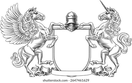 Uma crista heráldica Unicorn e Pegasus alado cavalo brasão de armas escudo heráldico emblema design em um antigo estilo medieval vintage 