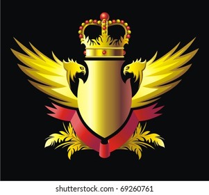 Heraldry emblem with crown, wings and ribbon