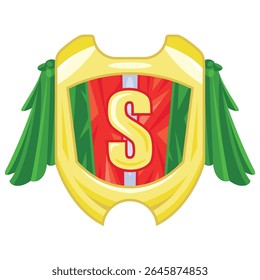 Heraldry emblem design template. Knight's shield with a red and green flag, S letter and green drapery on the sides. Golden shield icon, cartoon style. Vector