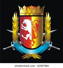 Heraldry emblem with lion, crown and swords