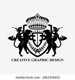a heraldry featuring two knights and two tigers on standby flanking swords in shields and crowns. coat of arms in vintage style black and white silhouette. Illustration of a tiger knight in loyalty