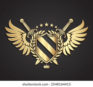 Heraldry Gold Logo Design Símbolo del escudo real con alas Espadas Estrellas Corona y corona de laurel	