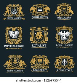 Heraldry golden royal signs and coat of arms. Vector marine symbol with crossed anchors, crown and glory, imperial eagle and royalist. Warriors spirit, gryphon and griffin, pegasus and falcon