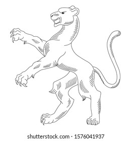 Heraldry. Hand drawn rising panther vector image. Black and white stock illustration for coloring books and pages.