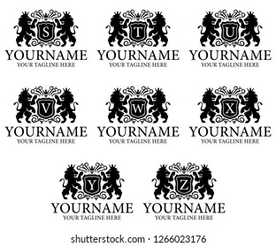 Heraldry letter S, T, U, V, W, X, Y, Z and crest, lion with crown and shield, logo design. Animal, nature, plant and leaves, vector design and illustration